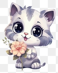 PNG Watercolor baby cat hold flower cartoon drawing animal.