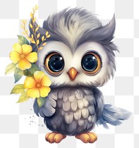 PNG Watercolor baby owl hold flower drawing cartoon animal.