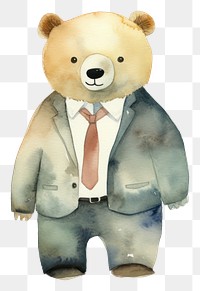 PNG Watercolor bear business suit mammal toy white background.
