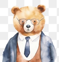 PNG Watercolor bear business suit glasses mammal toy.