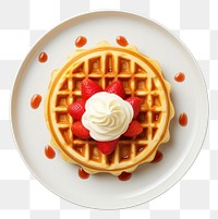 PNG Strawberry waffle on a white plate food confectionery breakfast.