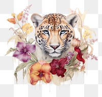 PNG Leopard with yellow and purple flowers wildlife painting pattern.