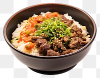 PNG Japanese beef donburi in a black bowl meal meat food.