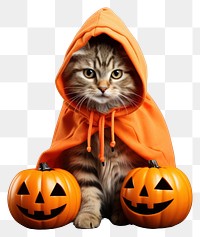 PNG Cat wearing pumpkin costume halloween mammal animal.