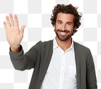PNG Young handsome man extending hands to the side for inviting to come smile adult white background.