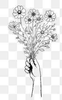PNG Hand holding flowers drawing pattern sketch.