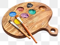 PNG Wooden art palette with blobs of paint and a brushes tool wood white background.