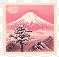 PNG  Fuji with Risograph style pink postage stamp mountain.