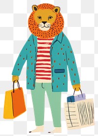 PNG Simple abstract character in Risograph printing illustration minimal of a happy lion enjoy shopping handbag coat art.