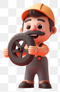 PNG  Mechanic holding a car wheel cartoon human toy.