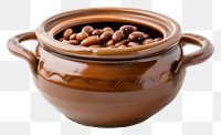 PNG Ceramic pot with cooked carioca beans pottery bowl white background.