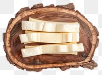 PNG String cheese on rustic wooden board food white background freshness.