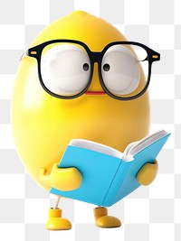 PNG 3d character lemon read book glasses cartoon reading.