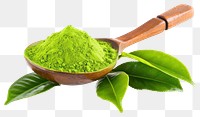 PNG Green matcha powder in a wood spoon with tea leaves white background ingredient freshness.