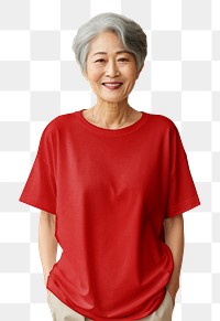 PNG old Asian woman in red oversized t-shirt, transparent background