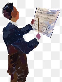 PNG A conductor holding music sheet adult text white background.