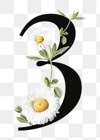 Number three png floral illustration, transparent background