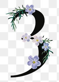 Number 3 png floral illustration, transparent background