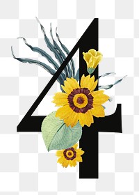 Number 4 png floral illustration, transparent background