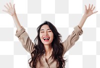 PNG Excited Asian woman raised her hands up laughing adult white background.