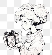 PNG Illustration of a woman holding gift box sketch cartoon drawing.