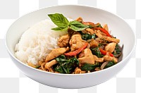PNG Stir Fried Thai Basil with chicken and a Fried Egg vegetable produce lunch.