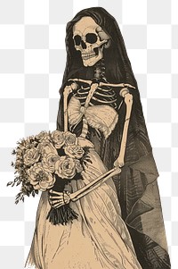PNG Skeleton in wedding dress drawing flower sketch