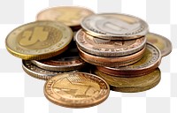 PNG Close-up photo of euro coins backgrounds money white background.