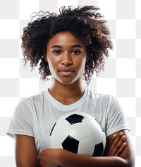 PNG Portrait of young female soccer player with soccer ball standing football portrait sports.