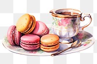 PNG Set tea and Macarons on the plate macarons confectionery cutlery
