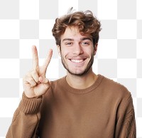 PNG Person making a peace sign cheerful portrait sweater
