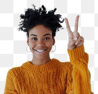 PNG Person making a peace sign cheerful portrait sweater.