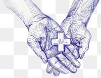 PNG Vintage drawing hands holding plus symbol and healthcare medical icon sketch blue illustrated.