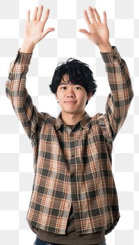 PNG Japanese young adult man raising hands portrait photo photography.