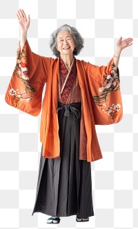 PNG Japanese senior woman raising hands fashion kimono dress.
