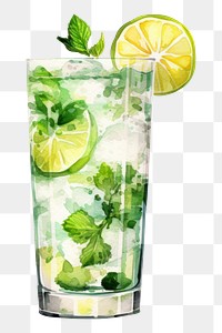 PNG Mojito cocktail watercolor with difference design glass fruit drink plant.