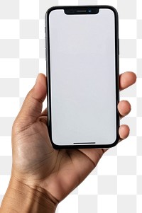 PNG Hand holding smartphone screen white background photographing.