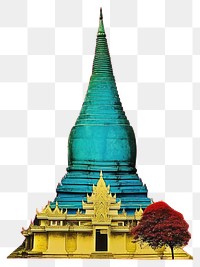 PNG  Mixed media collage art represent of traditional thai cultural architecture lighthouse building.