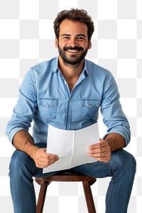 PNG  Smiling business man sitting reading photo.