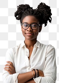 Black confidence woman portrait glasses smile.