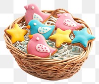 PNG A basket with bird cookies and star cookies for children food white background representation.