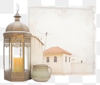 PNG Adhesive tape is stuck on Eid Mubarak lantern ephemera collage outdoors lamp old.