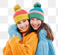 PNG 2 sisters wear beanie sweater smile laughing.