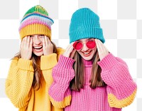 PNG 2 sisters wear beanie sweater laughing portrait.