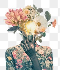 PNG Flower Collage person holding light bulb lightbulb portrait flower.