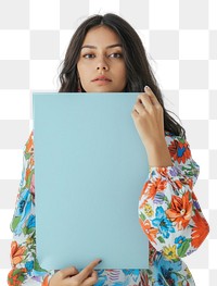 PNG  Holding a blue paper sheet photography woman portrait.