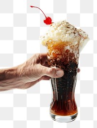 PNG Hand clasps a tall glass of frothy root beer beverage dessert sundae.
