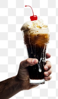 PNG Hand clasps a tall glass of frothy root beer beverage dessert alcohol.