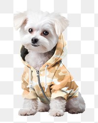 PNG White dog in camouflage zip up hoodie, transparent background