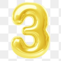 Number three  png yellow  3D balloon, transparent background